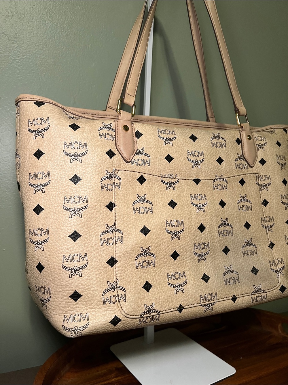 MCM Beige Logo Canvas Tote with Coral and Blue Center Stripe - Picture 5 of 10